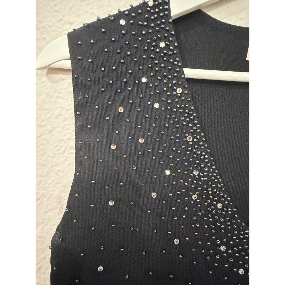 Jennifer RobertsBlack Beaded Rhinestone V-Neck Knit Tank Top Shell Medium Y2K - Picture 2 of 5